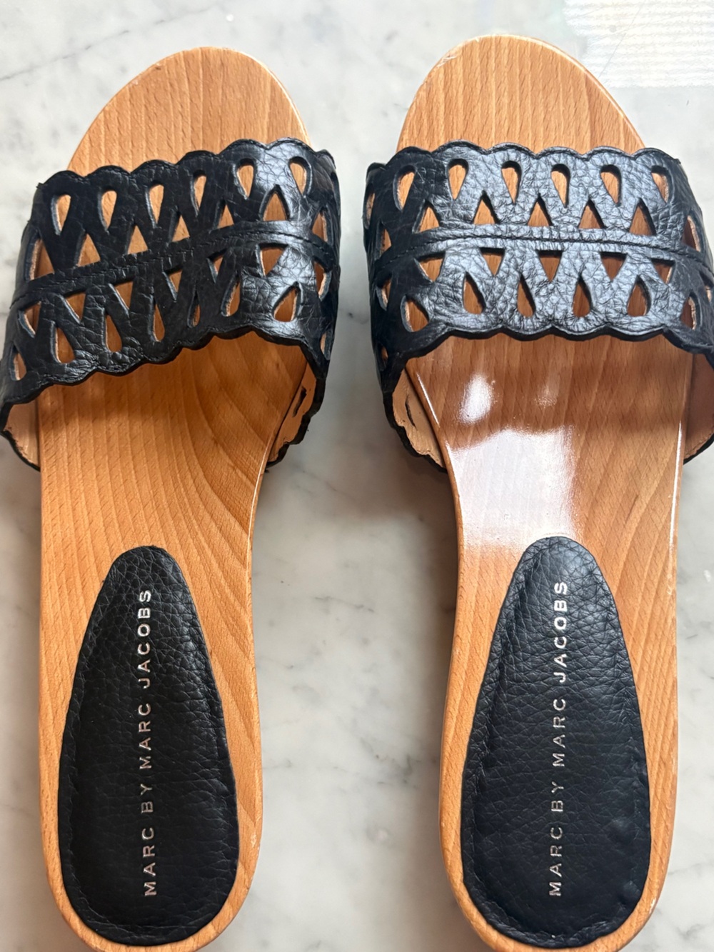 Marc by Marc Jacobs Black Laser-Cut Leather Wood-Effect Slide Mules